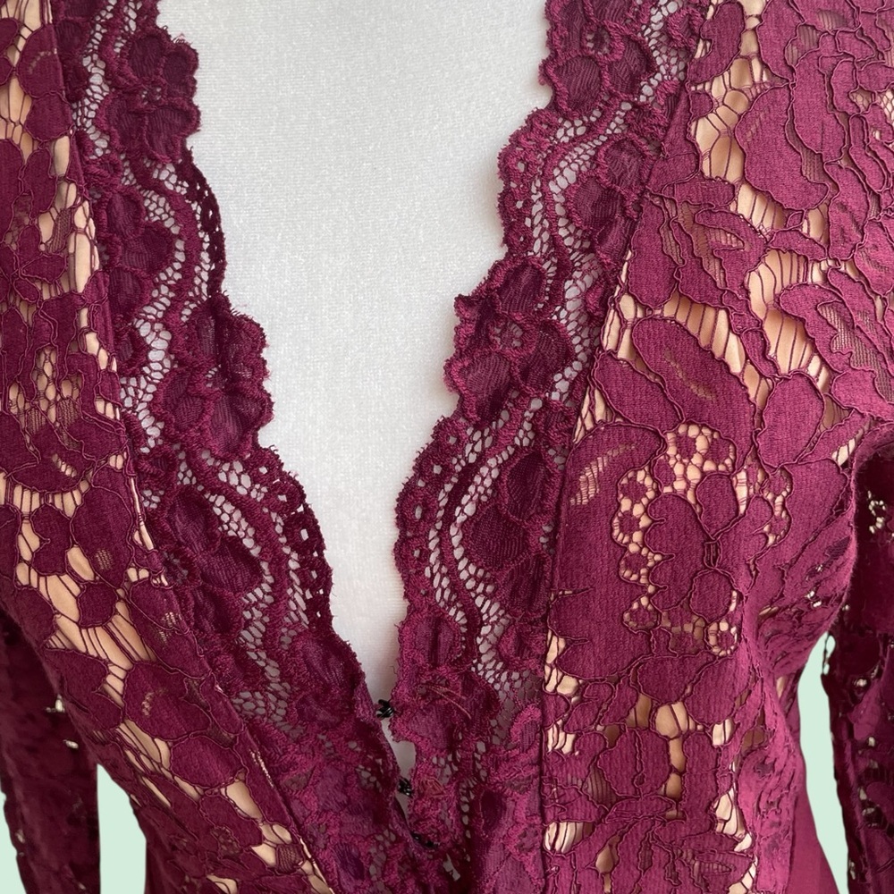 Lulu's Burgundy Lace Long Sleeve Dress. Deep V-neck. EUC. Medium. - Picture 2 of 11